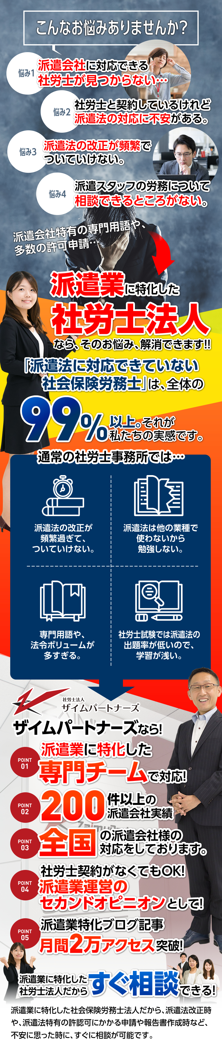 こんなお悩みありませんか？派遣会社に対応できる社労士が見つからない…社労士と契約しているけれど派遣法の対応に不安がある。派遣法の改正が頻繁で
		ついていけない。派遣スタッフの労務について相談できるところがない。派遣会社特有の専門用語や、多数の許可申請…派遣業に特化した社労士法人なら、そのお悩み、解消できます!!「派遣法に対応できていない社会保険労務士」は、
		全体の99%以上。それが私たちの実感です。通常の社労士事務所では…派遣法の改正が頻繁過ぎて、ついていけない。派遣法は他の業種で使わないから勉強しない。専門用語や、法令ボリュームが多すぎる。社労士試験では派遣法の
		出題率が低いので、学習が浅い。ザイムパートナーズなら！POINT01 派遣業に特化した専門チームで対応！POINT02 200件以上の派遣会社実績 POINT03 全国の派遣会社様の対応をしております。
		POINT04 社労士契約がなくてもOK！派遣業運営のセカンドオピニオンとして！ POINT05 派遣業特化ブログ記事月間2万アクセス突破！派遣業に特化した社労士法人だからすぐ相談できる！派遣業に特化した社会保険労務士法人だから、
		派遣法改正時や、派遣法特有の許認可にかかる申請や報告書作成時など、不安に思った時に、すぐに相談が可能です。