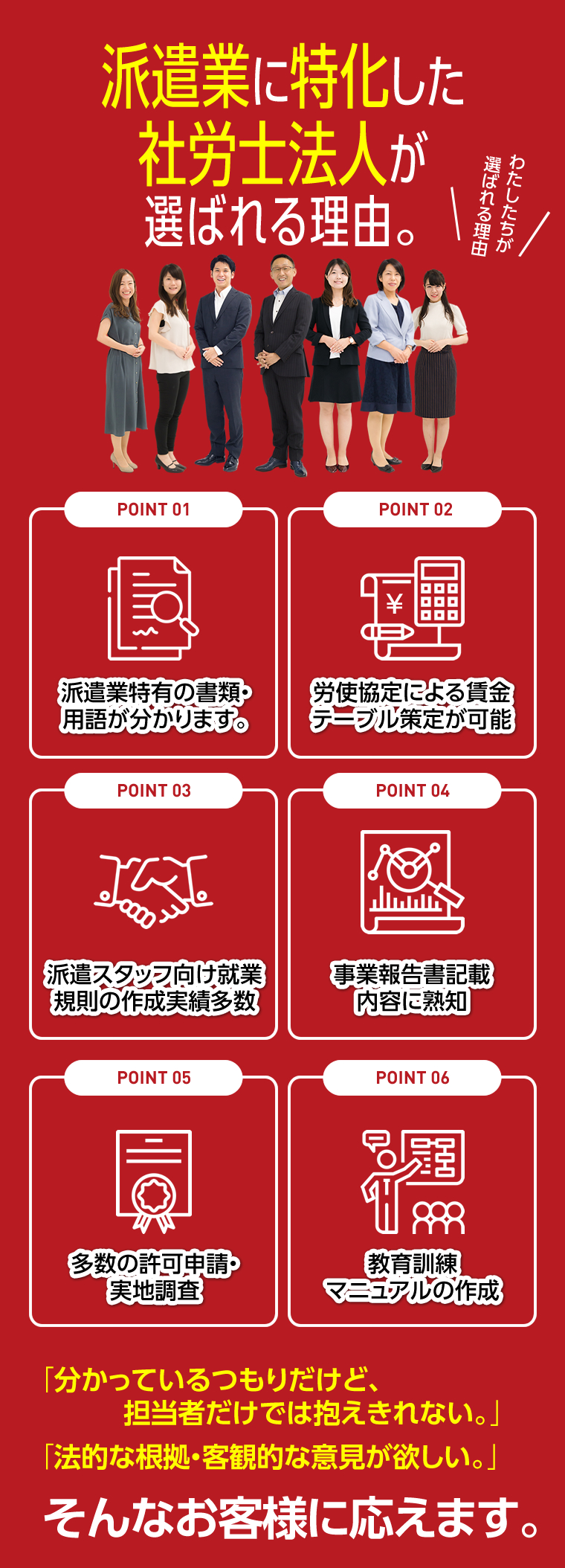 派遣業に特化した社労士法人が選ばれる理由。POINT 01 派遣業特有の書類・用語が分かります。POINT 02 労使協定による賃金 POINT 03 派遣スタッフ向け就業規則の作成実績多数テーブル策定が可能 
		POINT 04 事業報告書記載内容に熟知 POINT 05 多数の許可申請・実地調査 POINT 06 教育訓練マニュアルの作成 「分かっているつもりだけど、担当者だけでは抱えきれない。」「法的な根拠・客観的な意見が欲しい。」
		そんなお客様に応えます。